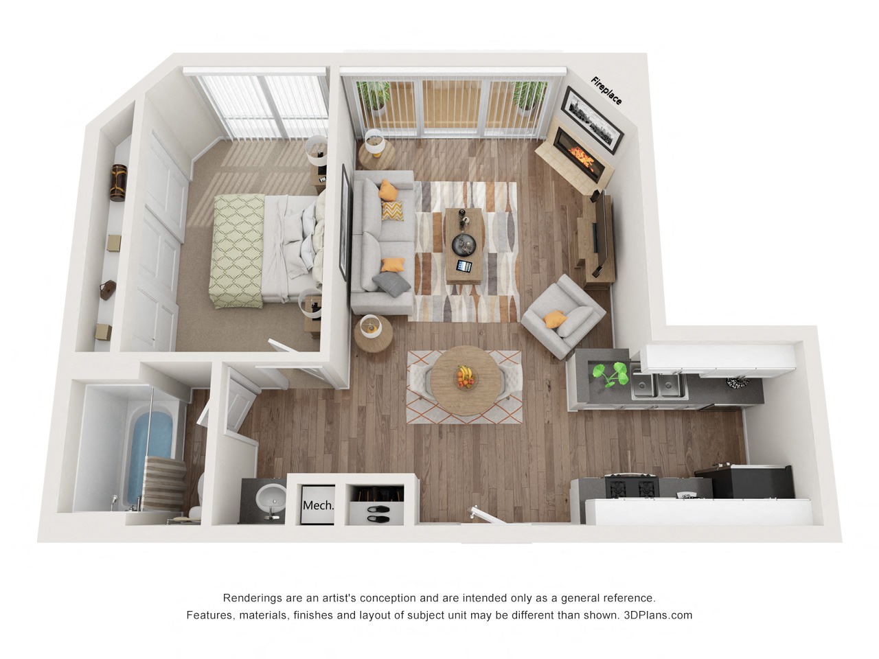 Floor plan for 1 bed, 1 bath, 688 sqft
